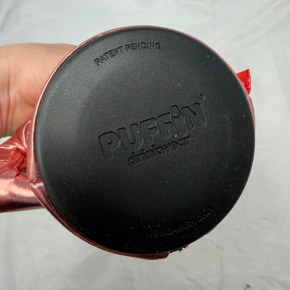 Puffin Drinkwear Metallic Pink Puffer Jacket Beverage Can Insulator Fur Hood